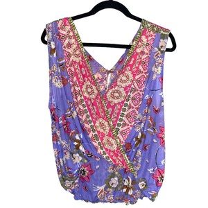 Free people boho mesh purple summer floral top, elastic waist, small (or m-l)